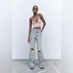 NWT Zara Floral Crop Top V Neck Crosses In Back